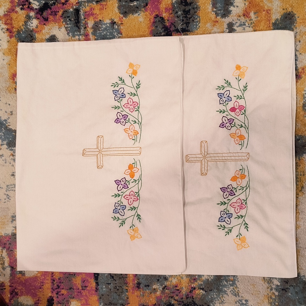 Hand Embroidered Cross Pillow Case Set